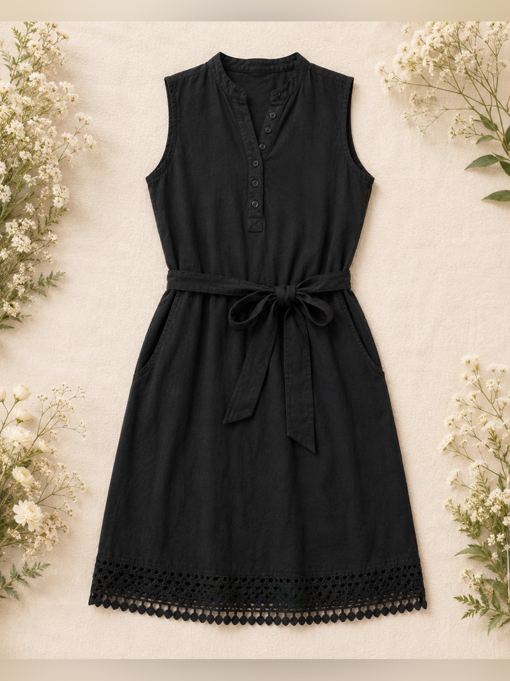 Banana Republic Black Shirt Dress | Tie Waist | Crochet Hem | Minimal Chic